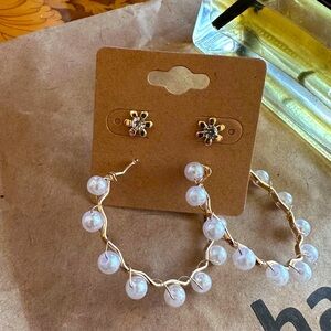 BOGO Pearl Gold Zigzag Large Wavy Hoop Earrings Diamond CZ Flower Gold Studs Set